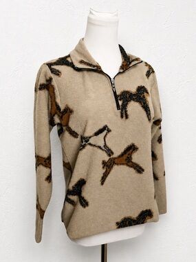 Kerrits Equestrian Horse Print Fleece Quarter Zip Pullover Beige Women’s S